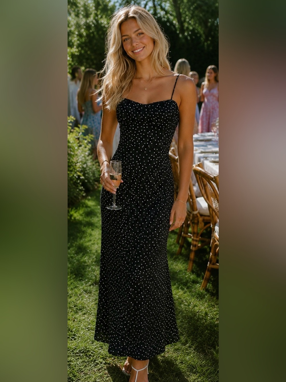 Zara Polka Dot Satin Slip Dress Open Back Midi Maxi Dress XS S Wedding Guest